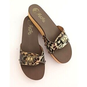 NEW Flogg Melanie Buckle Strap Slide Leopard Print Strap Wood Base 8.5M